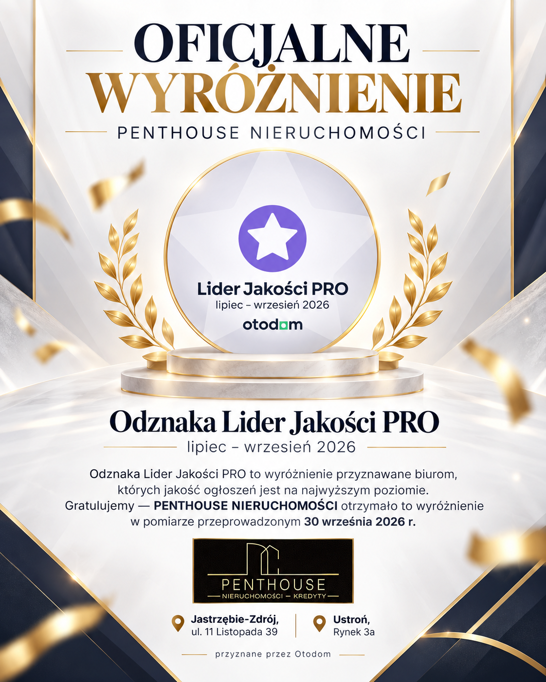 Wyróżnienie Lider Jakości PRO Otodom dla Penthouse Nieruchomości za okres lipiec–wrzesień 2026